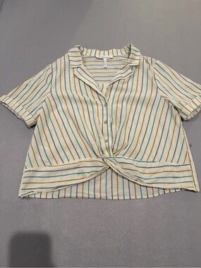 BCBG Striped Tie-Front Short Sleeve Top - Cream with Teal & Mustard Stripes